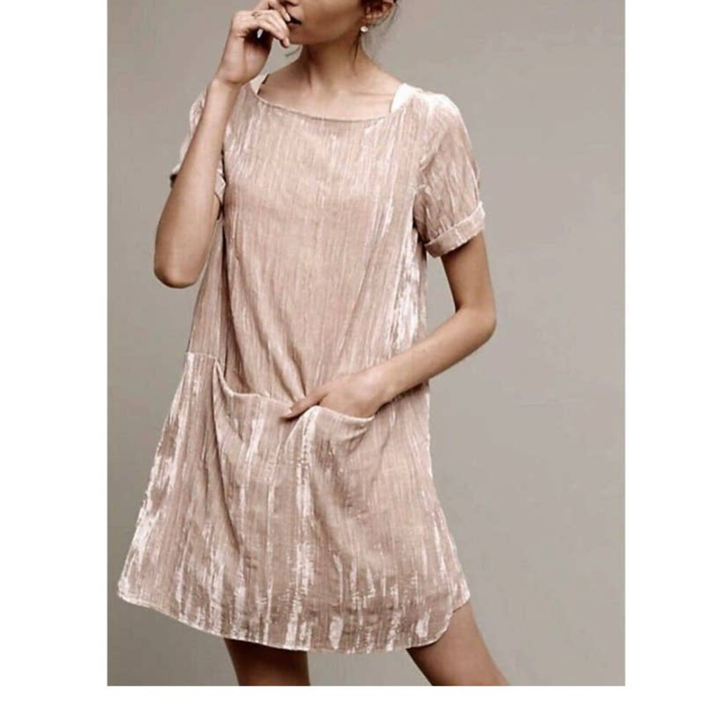 Anthropologie || Floreat Crushed Velvet Shift Dress Pockets Champagne XS